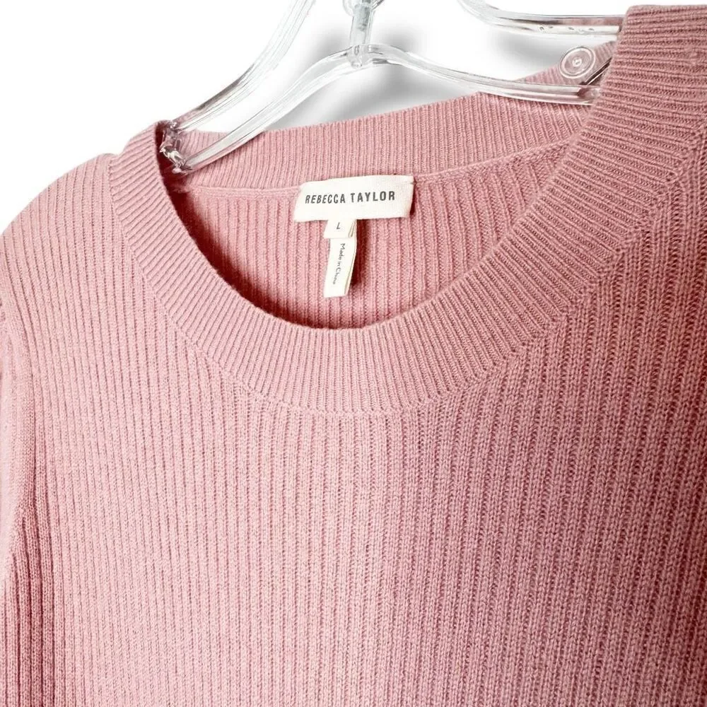 REBECCA TAYLOR 100% Cashmere Sweater Crew Neck Puff Sleeve Ribbed Pink Size L